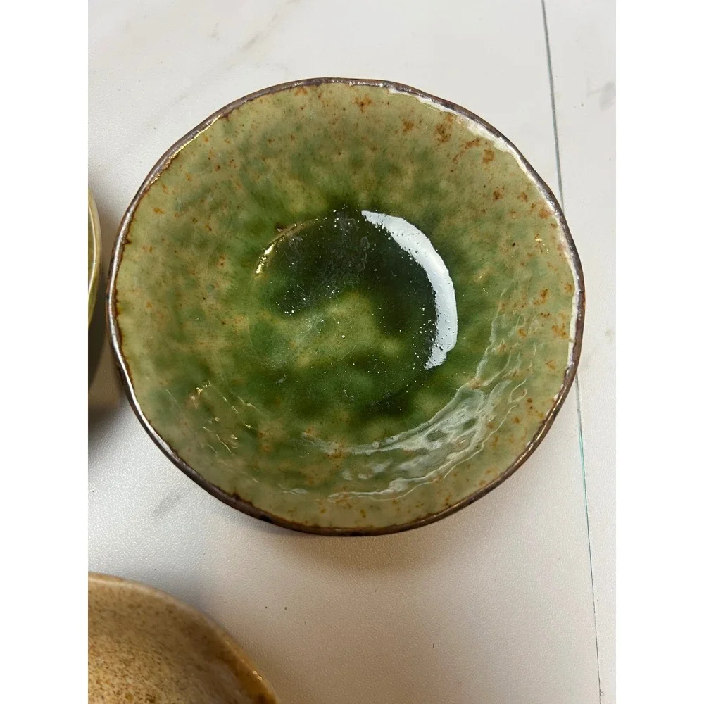 Handmade Ceramic Dipping Bowls‎ Set of 3 Green Brown Reactive Glaze Small 4 inch